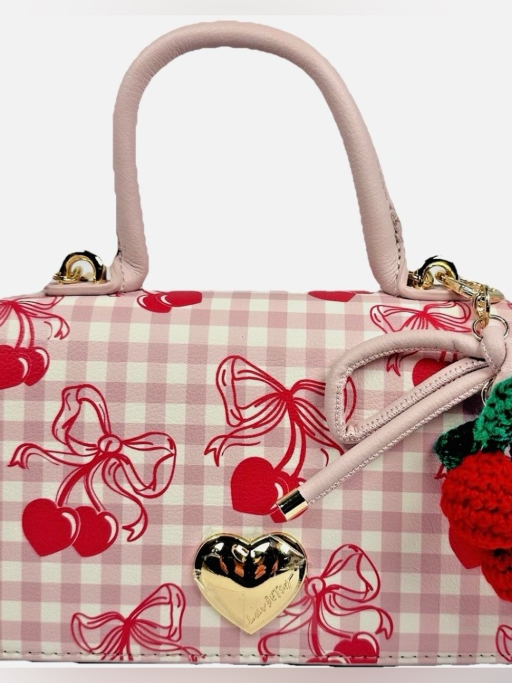 Betsy Johnson Heart Lock Pink Gingham Cherry Top-Handle Bag